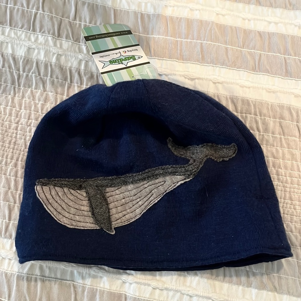 Navy handmade wool hat with whale